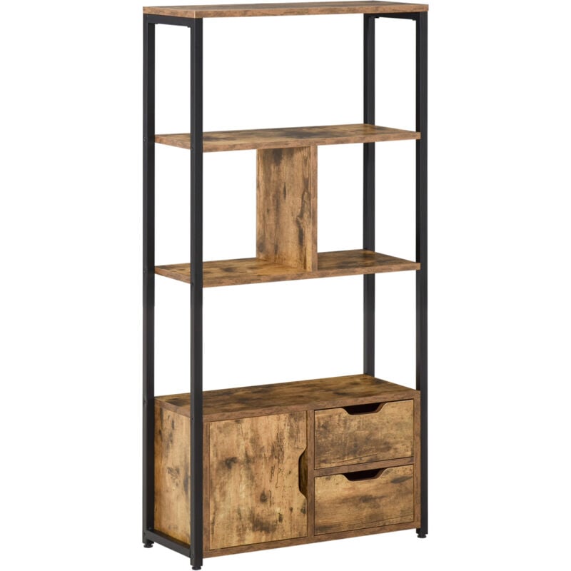 Bibliothèque style industriel 3 étagères placard porte 2 tiroirs panneaux particules aspect vieux bois acier noir