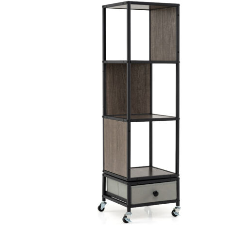 Bibliothèque Tournante à 4 Niveaux sur Roulettes, Étagère d'Angle Pivotante à 360° avec Tiroir de Rangement en Tissu Amovible, Meuble Étroit en Bois