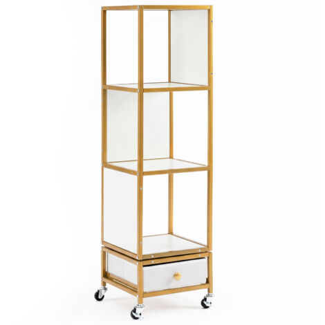 Bibliothèque Tournante à 4 Niveaux sur Roulettes, Étagère d'Angle Pivotante à 360° avec Tiroir de Rangement en Tissu Amovible, Meuble Étroit en Bois