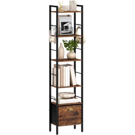 Bibliothèque verticale 6 niveaux – 1 tiroir en tissu – Panneaux de particules et acier – Dimensions 24x40x173 cm – Style vintage rustique