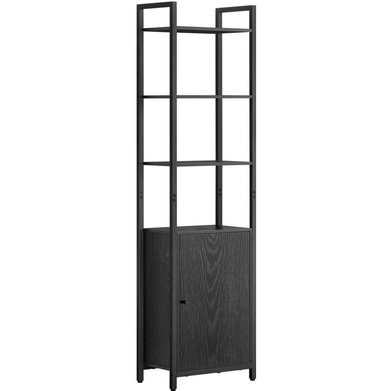 Bibliothèque Verticale à 6 Niveaux avec Porte, Structure en Métal, Étagères Réglables, 24 x 40 x 159,5 cm, pour Salon, Chambre, Noir Boisé et Noir