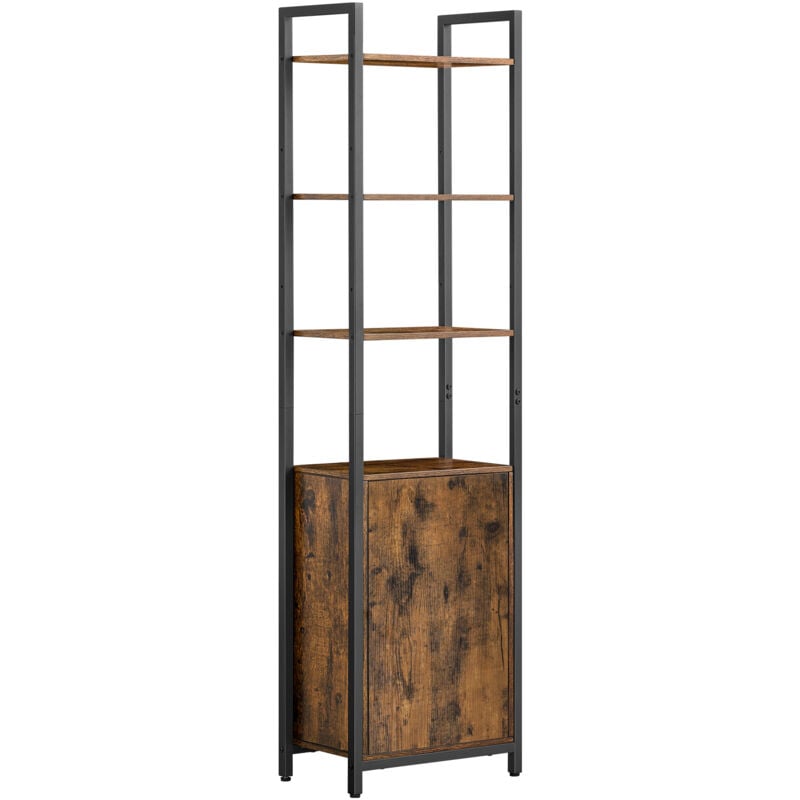 Bibliothèque Verticale à 6 Niveaux avec Porte, Structure en Métal, Étagères Réglables, 24 x 40 x 159,5 cm, pour Salon, Chambre, Marron Rustique et