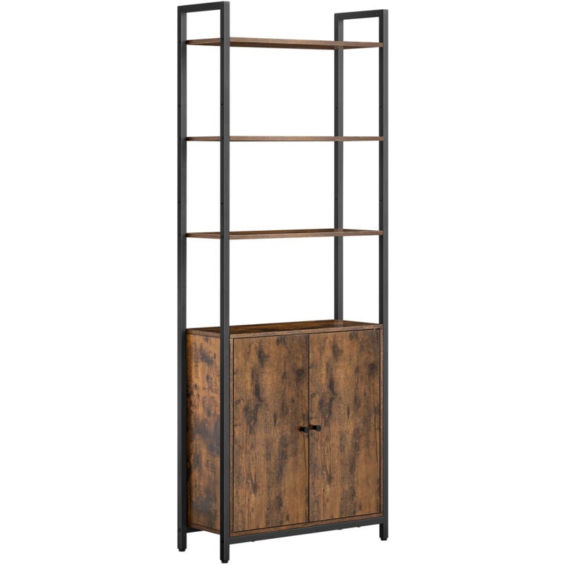 Bibliothèque Verticale à 6 Niveaux avec Porte, Structure en Métal, Étagères Réglables, 24 x 60 x 159,5 cm, pour Salon, Chambre, Marron Rustique et