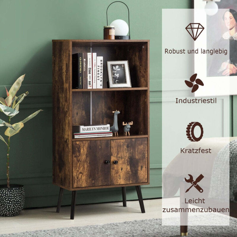 Bibliotheque vintage a 3 etageres et 2 portes pieds en bois massif