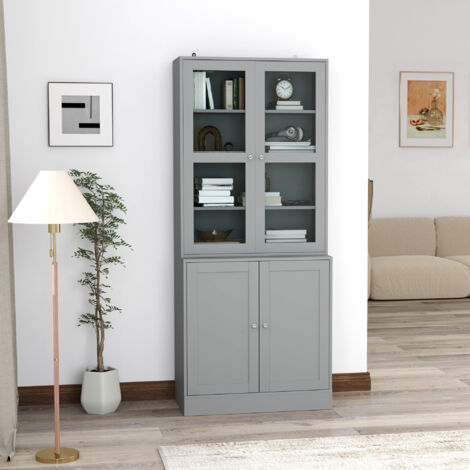 Bibliothèque vitrine. meuble de rangement à 6 niveaux avec 4 portes dont 2 en verre trempé. étagères réglables. gris