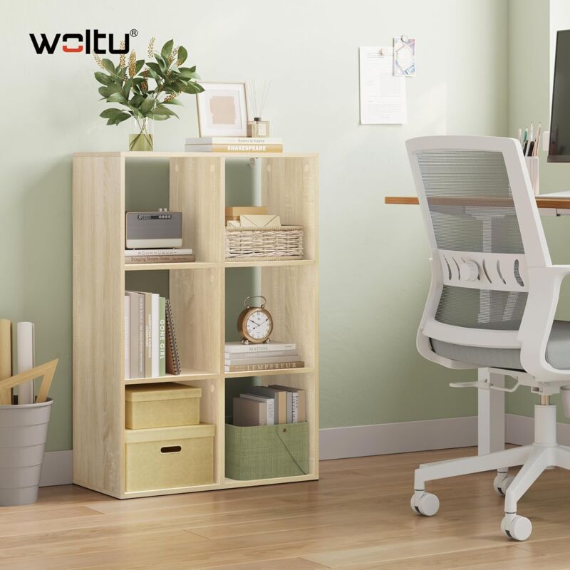 Bibliothèque WOLTU, Étagère Rangement à 3 Niveaux avec 6 Cubes, Meuble Cube, Chêne Clair