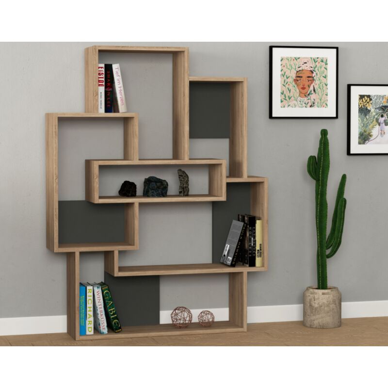 Abitare - Bibliothèque 132 cm chêne clair et gris anthracite avec étagères - Pola