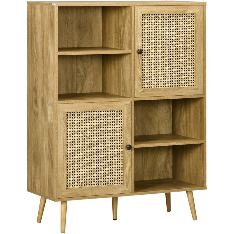 Homcom - Bibliothèque 2 portes 4 niches style bohème chic cannage en rotin panneaux aspect chêne clair