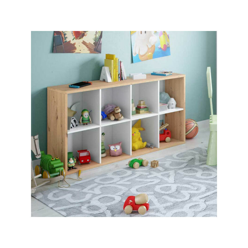 TMM - Bibliothèque 8 caissons Blanc/Chêne - toza - l 136 x l 33 x h 72 cm