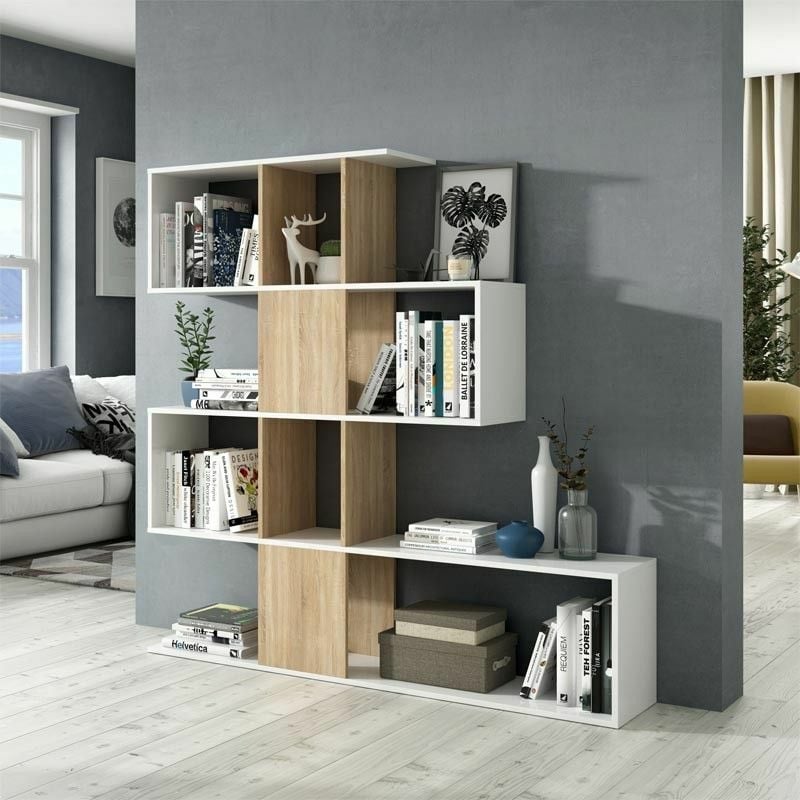 Tagère murale Zig Zag. 145 cm (largeur) x 145 cm (hauteur) x 28 cm (profondeur) - Artik Blanc - Chêne Canadien