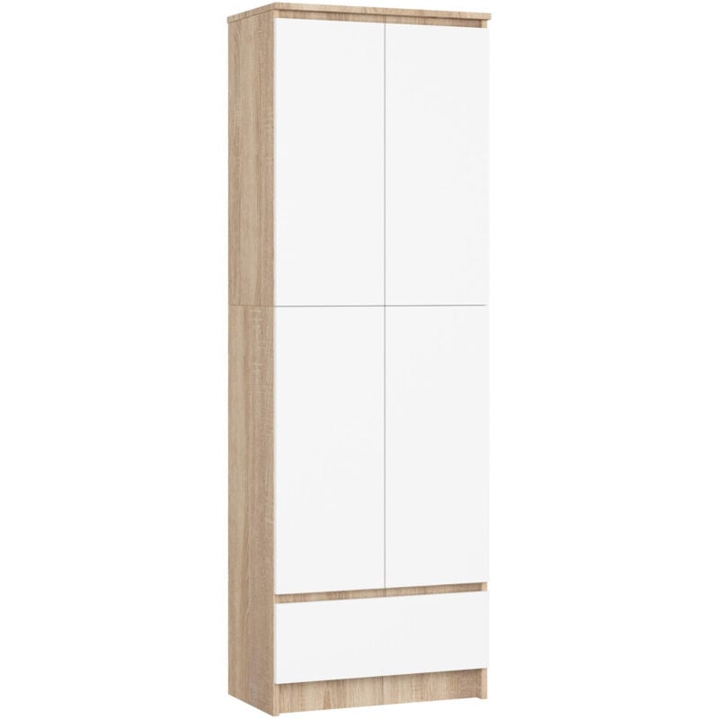 Akord - Bibliothèque de bureau R60 Chêne Sonoma 60 cm 2 portes 1 tiroir façade Blanche mat 4 étagères 60x35x180 cm