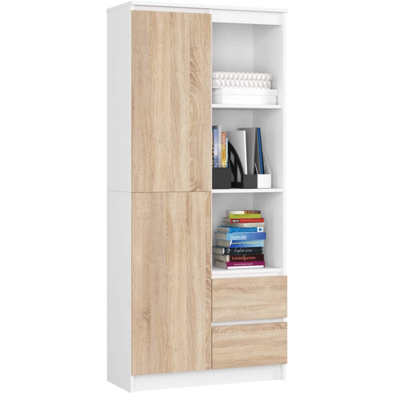 Akord - Bibliothèque de bureau R11 Blanche 80 cm 1 porte 2 tiroirs façade Chêne Sonoma mat 7 étagères 80x35x180 cm