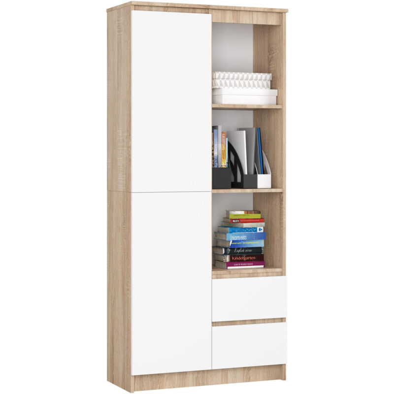 Akord - Bibliothèque de bureau R11 Chêne Sonoma 80 cm 1 porte 2 tiroirs façade Blanche mat 7 étagères 80x35x180 cm