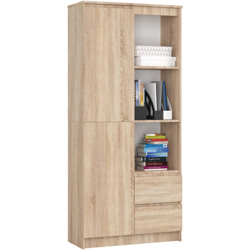 Akord - Bibliothèque de bureau R11 Chêne Sonoma 80 cm 1 porte 2 tiroirs façade Chêne Sonoma mat 7 étagères 80x35x180 cm