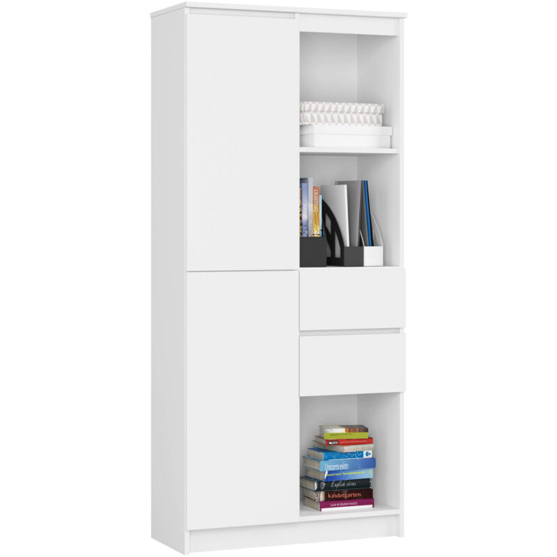 Akord - Bibliothèque de bureau R15 Blanche 80 cm 1 porte 2 tiroirs façade Blanche mat 7 étagères 80x35x180 cm