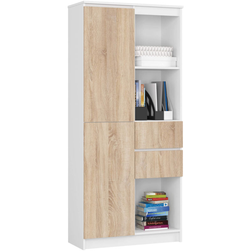 Bibliothèque de bureau Akord R15 Blanche 80 cm 1 porte 2 tiroirs façade Chêne Sonoma mat 7 étagères 80x35x180 cm