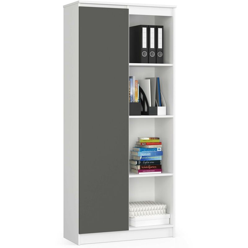 Akord - Bibliothèque de bureau R80 Blanche 80 cm 1 porte façade Gris Graphite mat 8 étagères 80x35x180 cm