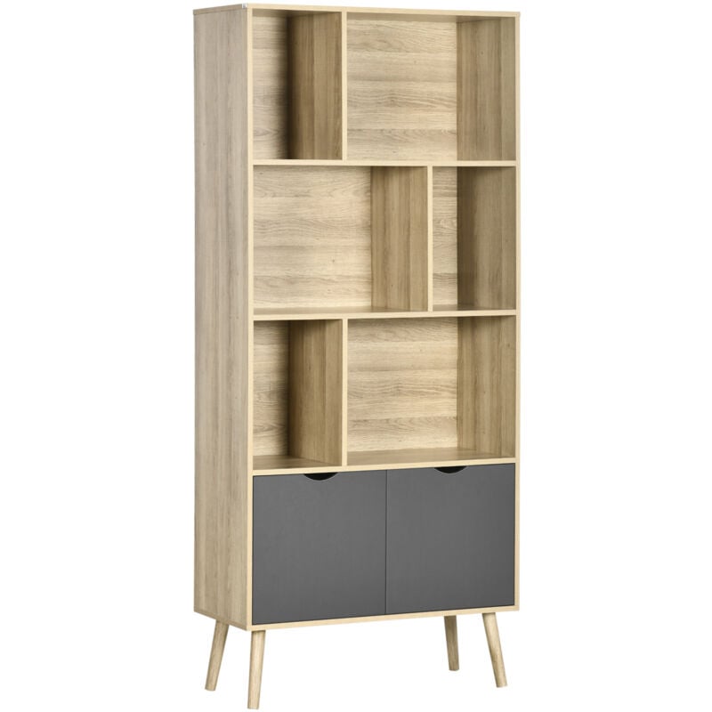 Homcom - Bibliothèque design - 2 portes, 6 niches - dim. 80L x 35l x 180H cm - aspect chêne clair gris