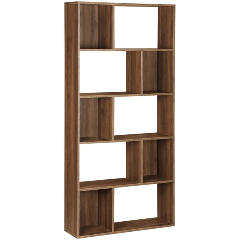 Bibliothèque design asymétrique couleur bois foncé noyer– Pieter – 5 étagères. 10 compartiments de rangement. 83x23x173cm