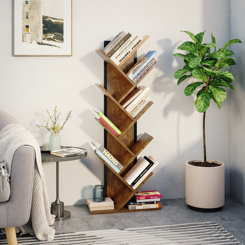 bibliotheque en forme d'arbre-etagere de rangement-bibliotheque bois a 9 niveaux, pour salon, bureau, marron-meerveil