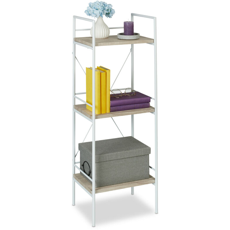 Relaxdays - Bibliothèque, HxLxP : 95x34x27 cm, 3 niveaux, colonne de salon, cuisine, acier et mdf, nature/blanc