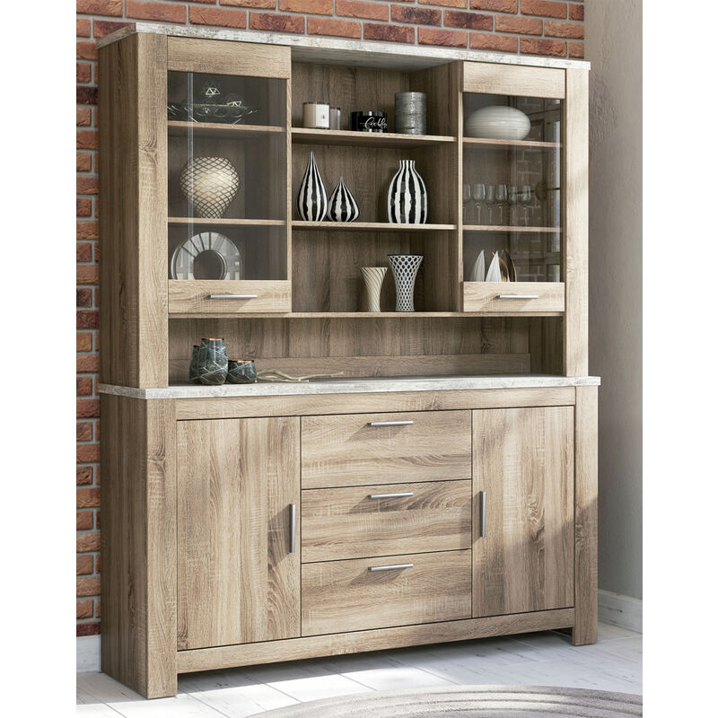 Pegane - Bibliothèque, meuble de rangement coloris chêne truffé, blanc vieilli - Longueur 160 x profondeur 38,4 x hauteur 197,8 cm