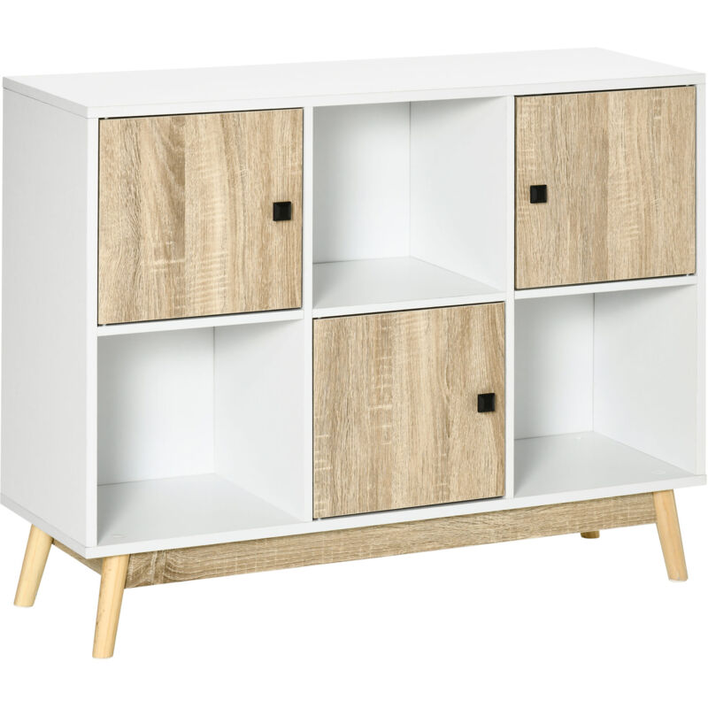 Homcom - Bibliothèque meuble de rangement design scandinave 3 niches 3 portes panneaux particules blanc aspect chêne clair