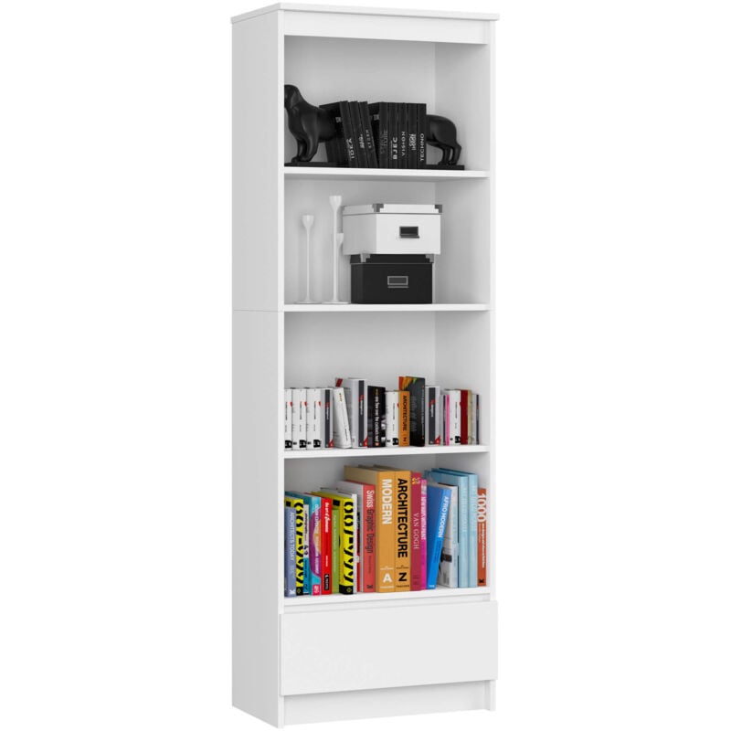 Bibliothèque de bureau Akord R60 Blanche 60 cm 1 tiroir façade Blanche mat 4 étagères 60x35x180 cm
