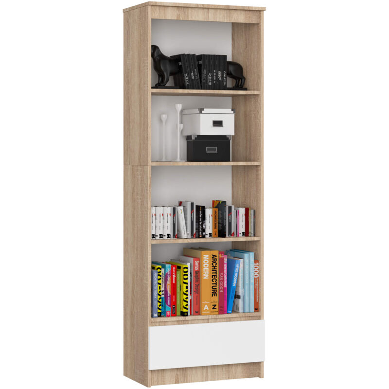 Bibliothèque de bureau Akord R60 Chêne Sonoma 60 cm 1 tiroir façade Blanche mat 4 étagères 60x35x180 cm