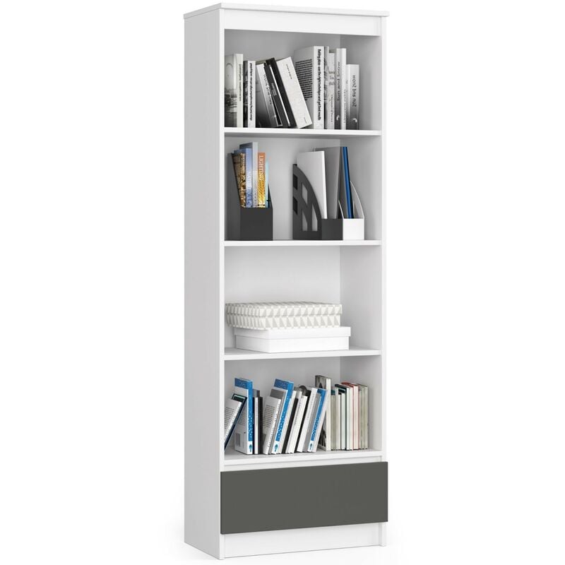 Bibliothèque de bureau Akord R60 Blanche 60 cm 1 tiroir façade Gris Graphite mat 4 étagères 60x35x180 cm