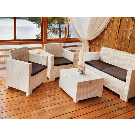 Bica – Ensemble de salon de jardin 4 places en polypropylène renforcé – Résistant aux intempéries – Dimensions fauteuil 75x58h79 cm, canapé 131x58h79 cm, table 64x64h40 cm