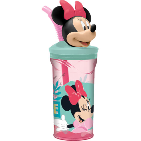 Bicchiere Originale Disney Minnie in plastica da 360 ml per bambini con cannuccia rosa e tappo 3D topolino