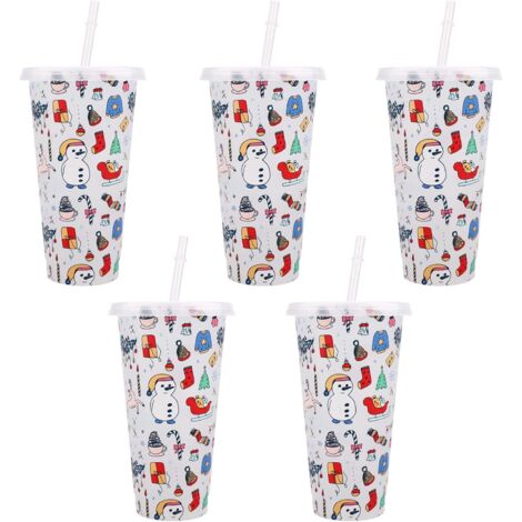 Bicchieri che cambiano colore, 5 pezzi, bicchieri di plastica natalizi, bicchieri da viaggio riutilizzabili con coperchi e cannucce, tazza da caffè freddo, bicchieri che cambiano colore per bevande fr