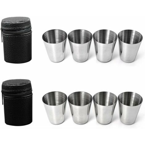 Bicchierino da shot, 8 bicchierini in acciaio inossidabile, 2 custodie in pelle con cerniera, bicchierini da shot per viaggi, campeggio, bevande, birra, whisky, rum, cognac, caffè