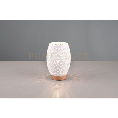BIDAR LAMPADA DA TAVOLO METALLO BIANCO TAGLIO LASER CON INSERTO IN LEGNO H. 21,5CM 1 LUCE ATTACCO E27