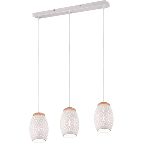 BIDAR SOSPENSIONE 3 DIFFUSORI METALLO BIANCO TAGLIO LASER CON INSERTO IN LEGNO L. 71CM ATTACCO E27