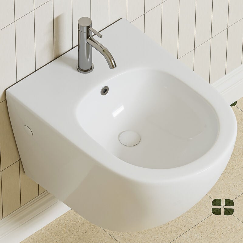 Horow - Bidet mural sans rebord avec trou pour robinet et protection anti-débordement en céramique blanche 49×36×32.5cm