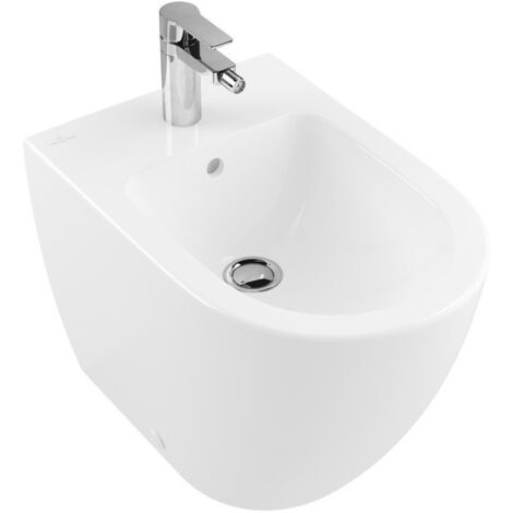 Bidets posés au sol, 370 x 560 mm, pour robinetterie à 3 trou s, troude robinetterie central percé,avec trop-plein, modèle sur pied, pour installation près du mur, En porcelaine sanitaire Blanc Cerami