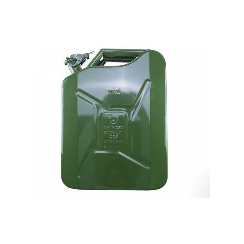 Bidon de 20 litres acier armé. Jerrican métal vert olive pour hydrocarbures. Type US
