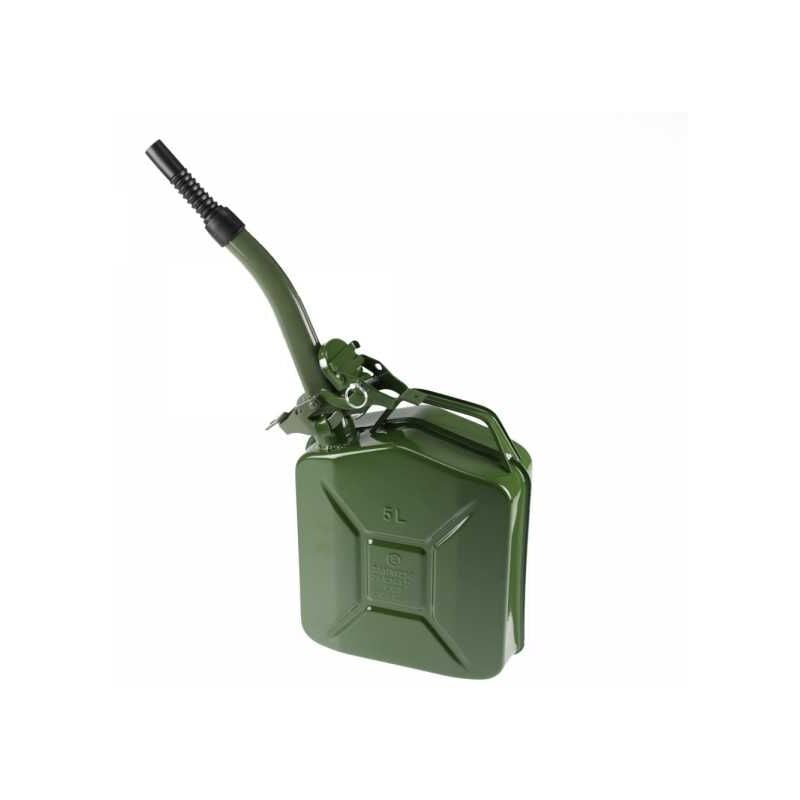Bidon de 5 litres acier armé avec bec verseur jerrican métal vert olive pour hydrocarbures type US