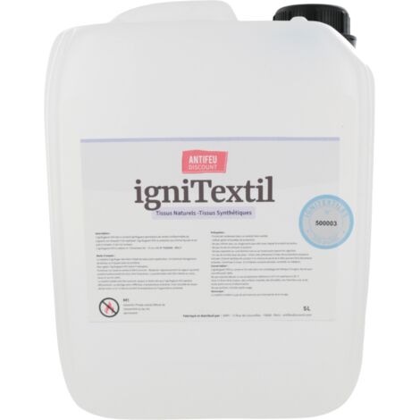 Bidon de traitement ignifuge efficace pour tous types de textiles  format 5L - 1L = 10m2 de tissu naturel très léger ignifugé – Référence Ignitextile