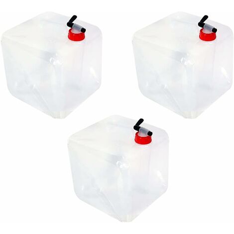Bidon d'eau pliable, 3 pièces bidon d'eau de 10L avec robinet, bidon pliant, bidon d'eau potable avec poignée, sans BPA, pour le camping, extérieur, transparent/rouge