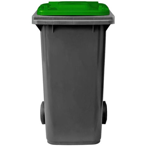 Bidone carrellato grigio coperchio verde pattumiera per raccolta differenziata rifiuti 120 Lt con ruote
