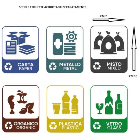 Bidone con coperchio chiuso grande 50 Lt antiodori o randagismo  pattumiera da interno o esterno per la raccolta differenziata  casa giardino locali commerciali - colorigenerali: KIT 6 ETICHETTE CM 7X