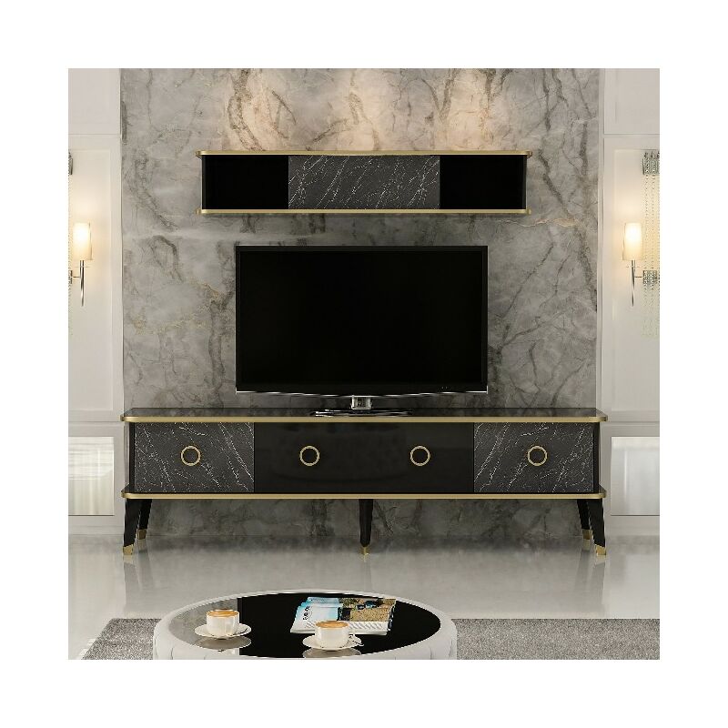 Bien TV-Schrank - mit Tueren, Regal, Einlegeboeden - vom Wohnzimmer - Schwarz, Gold aus Holz, 180 x 35 x 50 cm