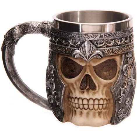Bierkrug aus Edelstahl mit Totenkopfmotiv, Wikinger-Bierkrug mit Krieger-Totenkopfmotiv, Mittelalterlich