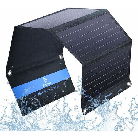 BigBlue 28W Chargeur Solaire Pliable avec 3 USB Ports(5V/4.8A au Total) Panneau Solaire Portable et Imperméable + 4 Crochets en Acier Compatible avec iPhone XS/ 8/7/6S, iPad, Samsung Galaxy