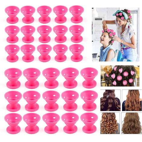 Bigoudis nuit silicone lot de 30, rouleaux sans chaleur 2 tailles, coiffure soi-même rose