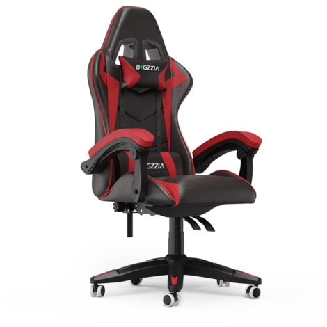 Bigzzia Bürostühle Chefsessel Ergonomisch - Gaming Stühle Gamer Stühle mit Lendenkissen + Kopfstütze Gaming Chair Höhenverstellbar Bürostuhl Computerstuhl für Erwachsene - Schwarz Rot
