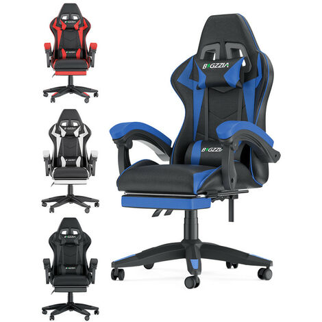 Bigzzia – Fauteuil gamer ergonomique avec appui-tête et support lombaire – Repose-pieds escamotable – Cuir PU et mousse mémoire – Noir et bleu